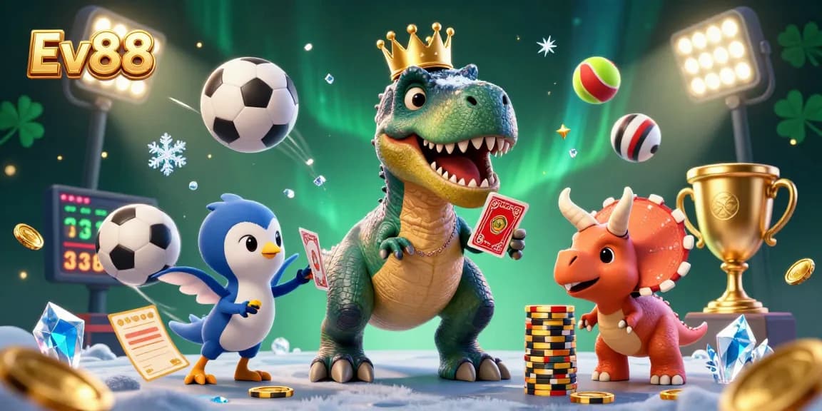 Experience exciting gameplay with Ev88 in this dynamic 3D casino scene featuring card shuffling and chip stacking.