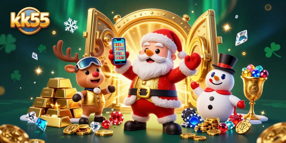 kk55 jackpots come alive as Santa Claus and friends celebrate big wins in a vibrant casino.
