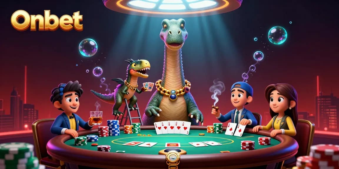 Onbet experience enhanced with a lively brontosaurus at a poker table surrounded by vibrant casino elements.
