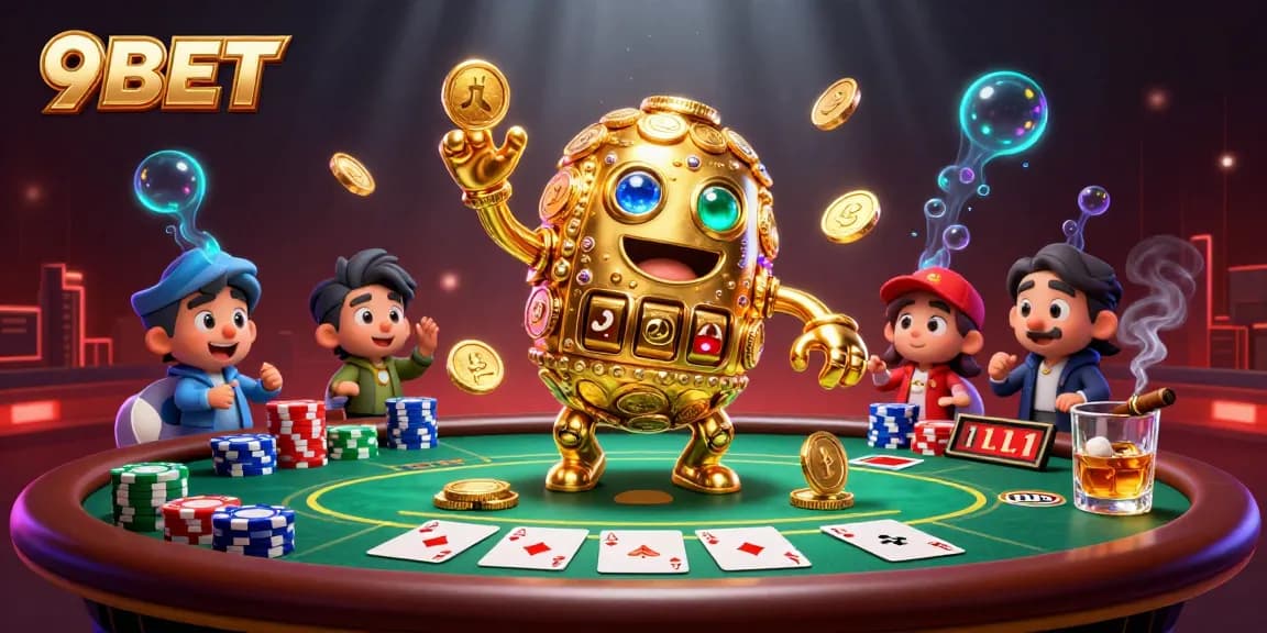 Engage with 9BET gamblers in an action-packed casino scene featuring poker chips and a golden golem.