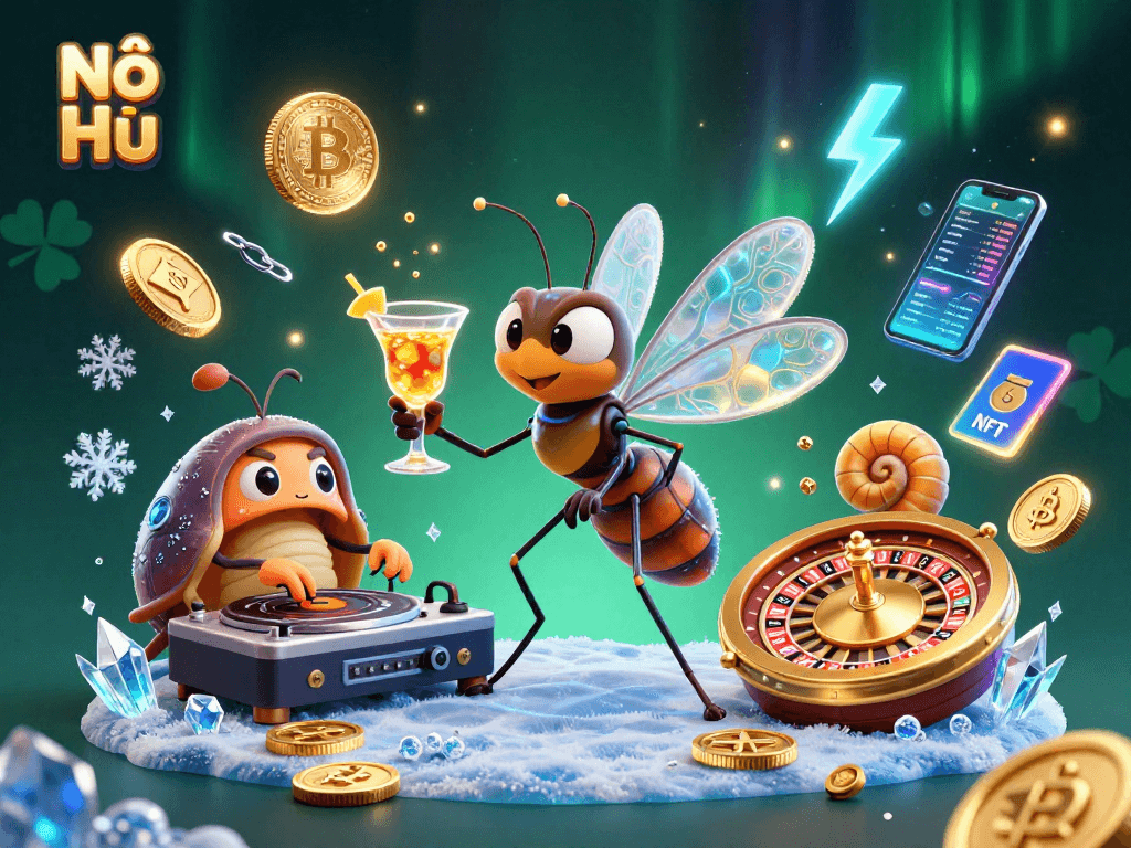 Nổ Hũ showcases an enchanting scene with a vibrant casino mascot amidst engaging digital casino elements.