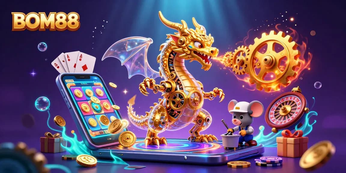 Breathe fire like BOM88 with a golden dragon and a mouse engineer amidst vibrant casino games.
