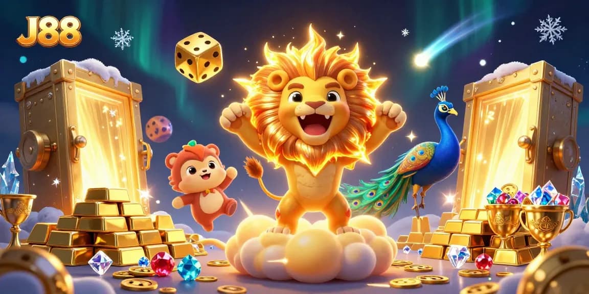 Experience the thrills of J88 with a vibrant, dynamic casino-themed illustration showcasing adventure and excitement.