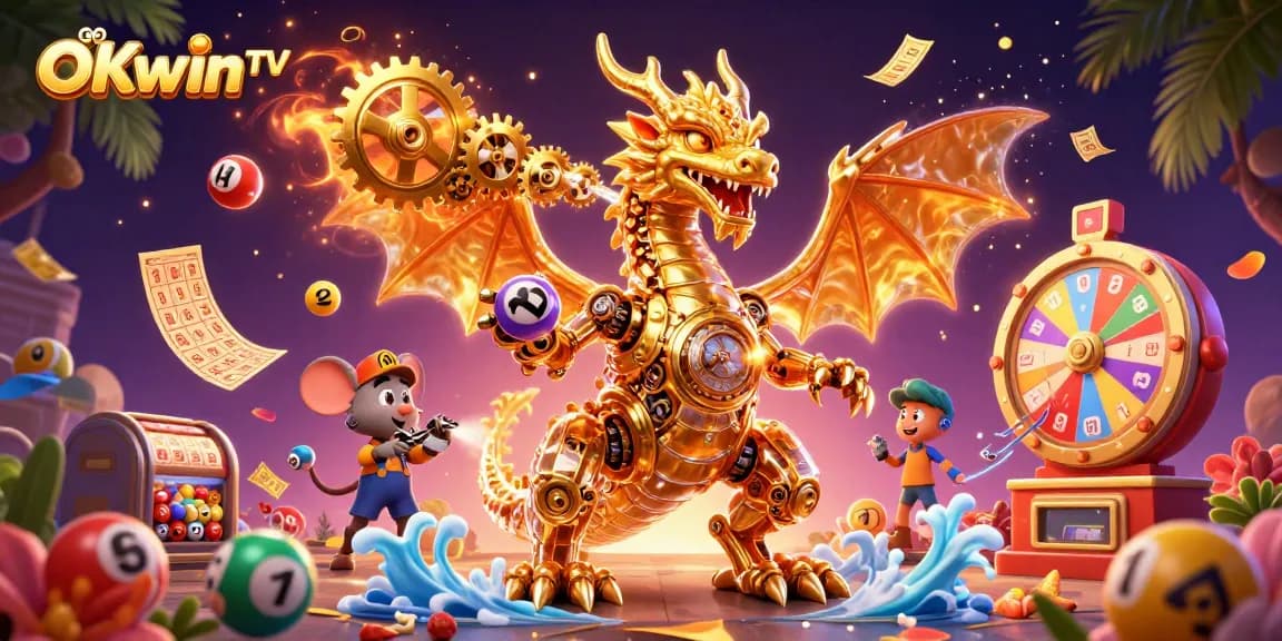 Experience the ultimate gaming excitement on OKwinTV with dynamic lottery elements and a stunning dragon illustration.