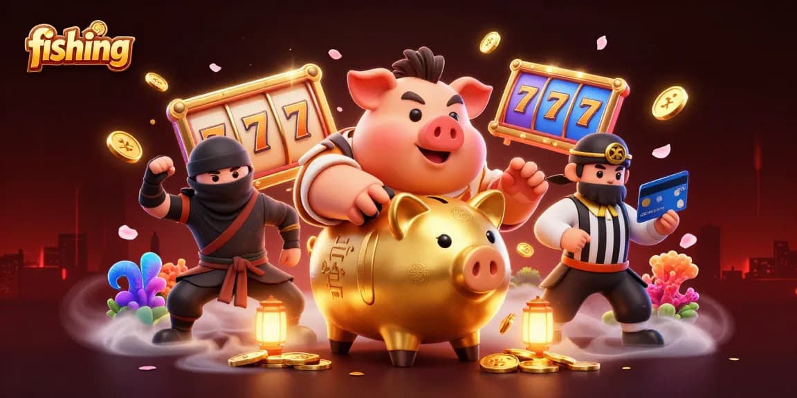 Fishing-themed slot game illustration with dynamic characters and vibrant elements
