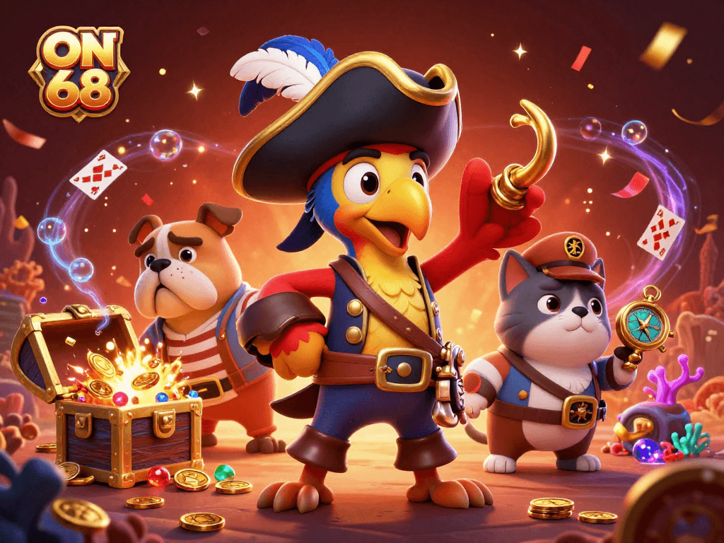 Experience the excitement of ON 68 with pirate-themed 3D illustration showcasing vibrant gaming elements.