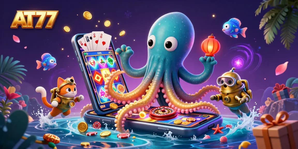 Engage in thrilling gaming with AT77 featuring the kraken, diving cat, and lively slot action.