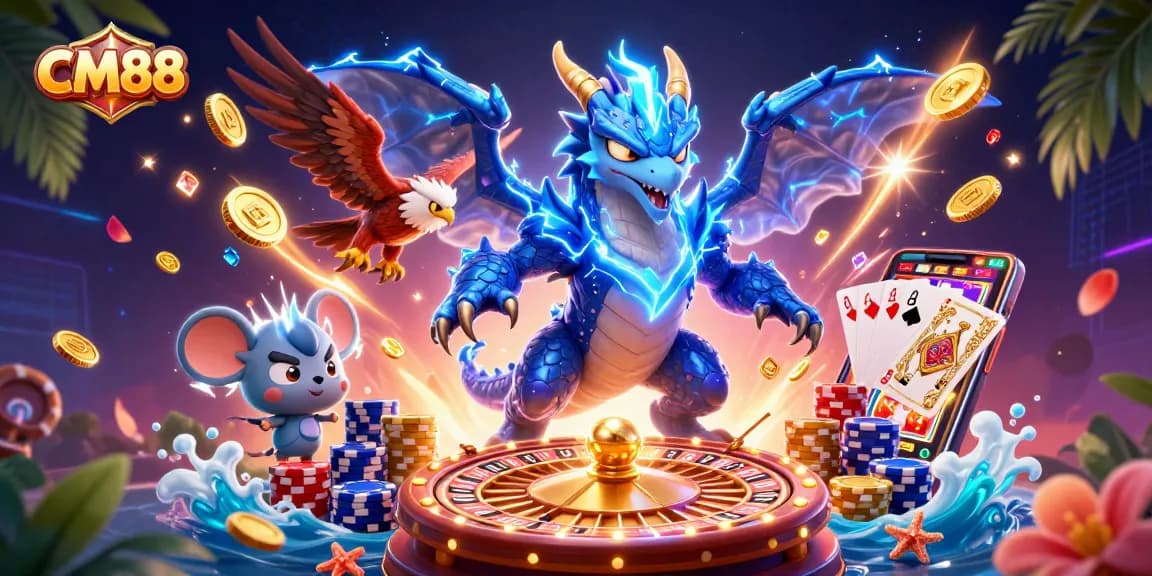 CM88 showcases a powerful casino illustration featuring electric blue dragon and vibrant gaming elements.