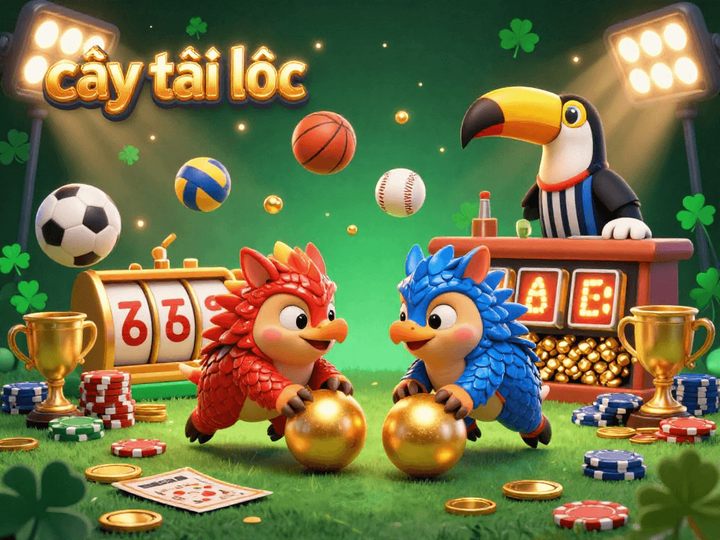 Experience the vibrant action of cây tài lộc with pangolins bowling through slot reels amidst golden scales and colorful sports elements.