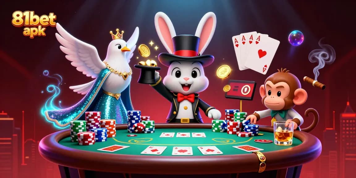 Experience the excitement of 81bet apk with a magician rabbit, monkey, and dove in a vibrant casino scene.