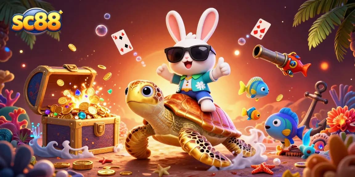 Get ready to win with sc88: Our lucky rabbit rides a golden turtle in a vibrant casino scene!