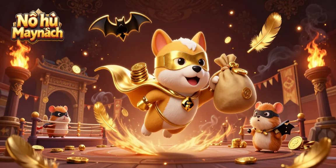 Experience Nổ hũ neko may mắn with a vivid 3D illustration featuring a golden superhero dog and enchanting Asian elements.