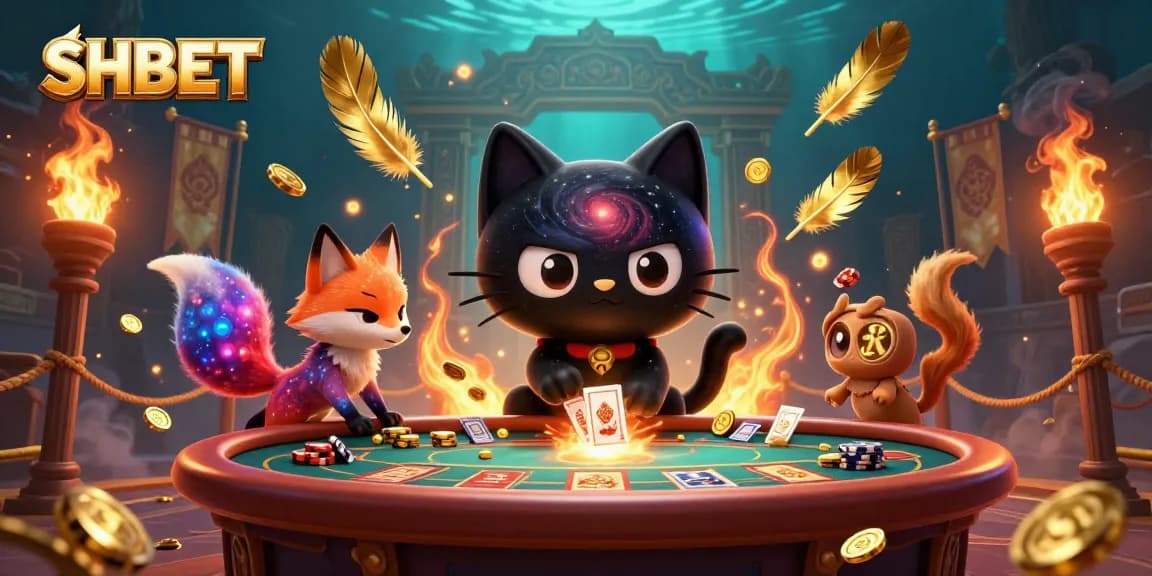 Play and win at SHBET in a cosmic casino scene with a black hole cat and nebula fox.