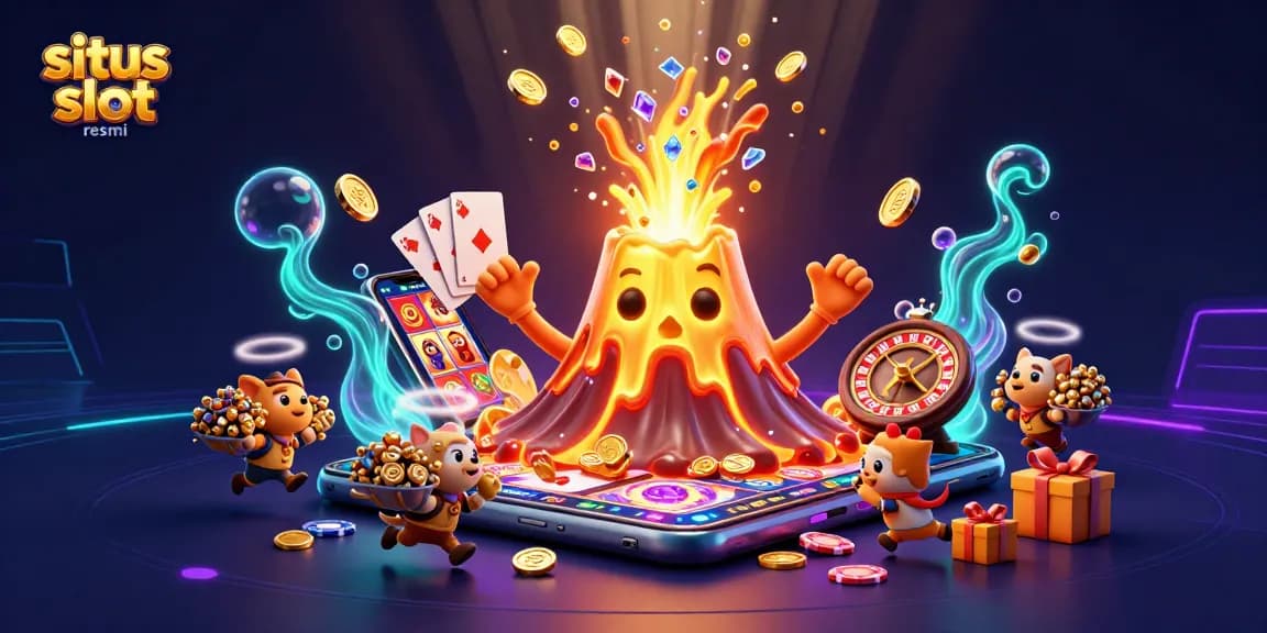 Experience the excitement of situs slot resmi with a vibrant 3D scene featuring a golden volcano, treasures, and slot game elements.