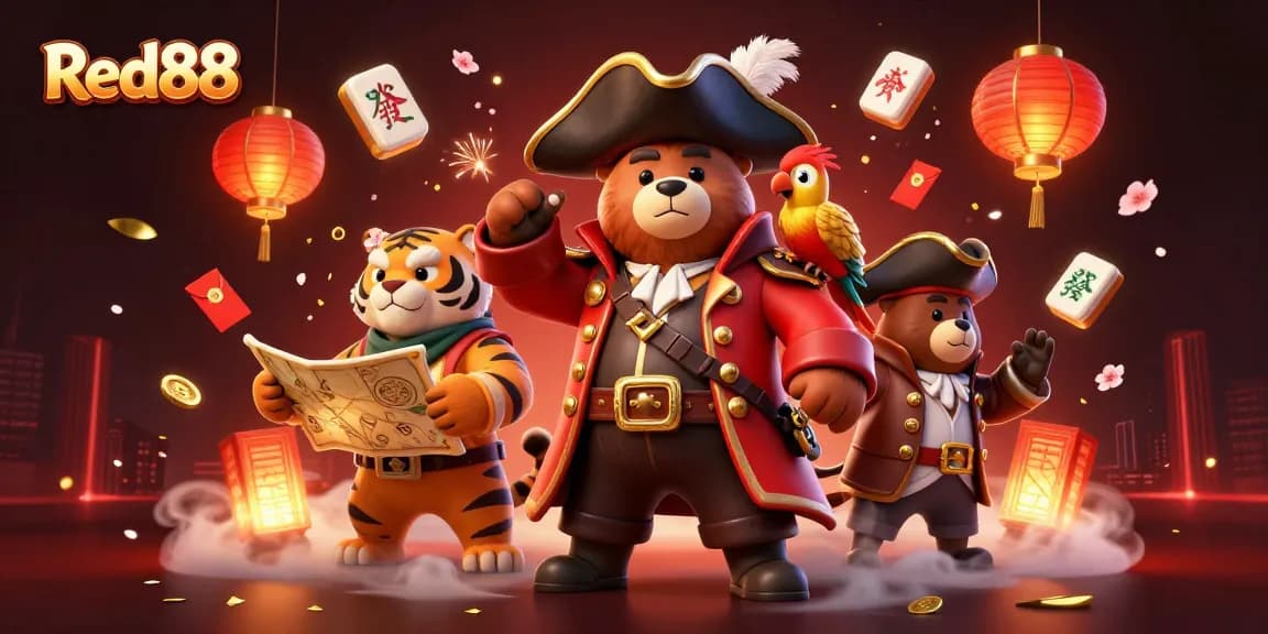 Engage with Red88's vibrant gaming atmosphere featuring a bear captain and tiger first mate.