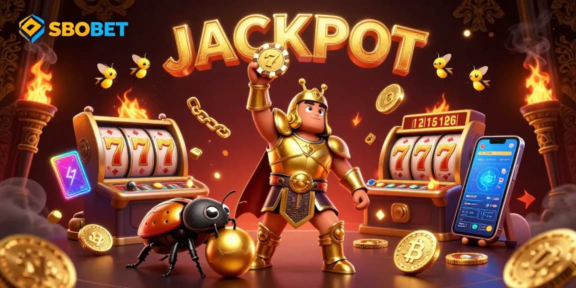 SBOBET highlights thrilling slot action with a victorious beetle in golden armor, showcasing jackpots and crypto coins.