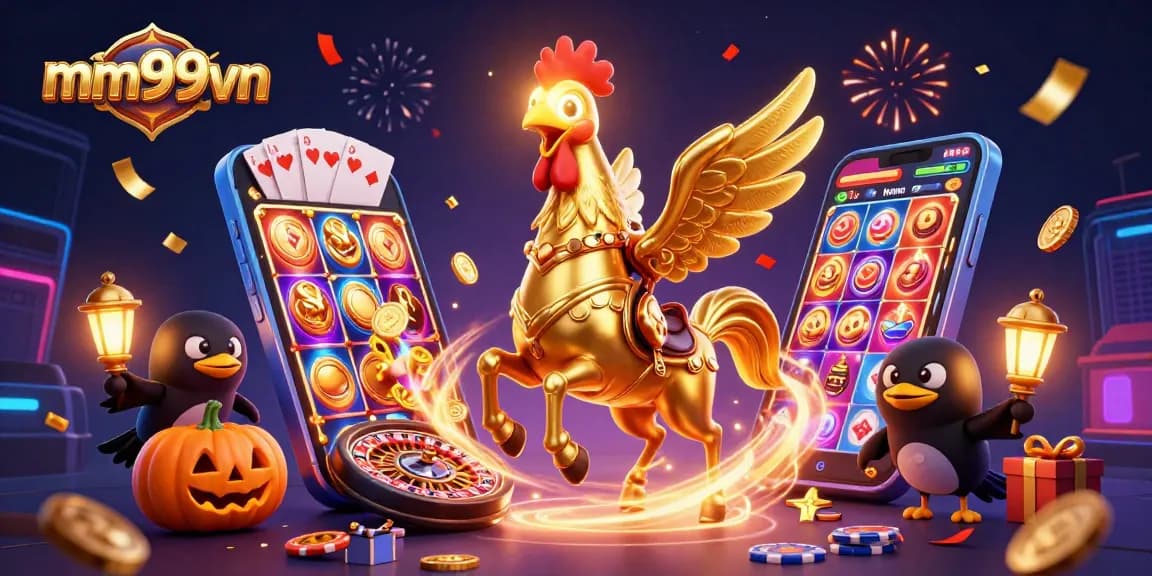 Spin to win at mm99vn with golden rooster and magical casino elements in vibrant 3D art.