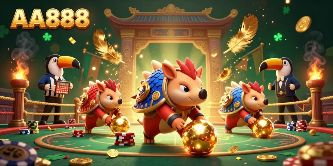 Experience the excitement of AA888 as rival pangolins compete in a vibrant casino arena with poker chips and gold coins.