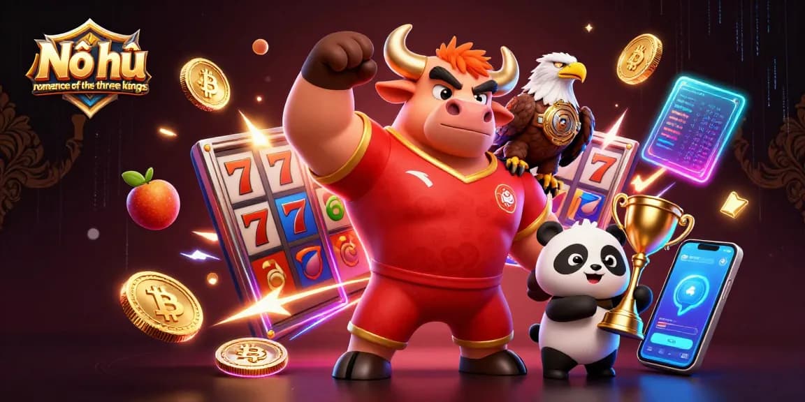 Nổ hũ romance of the three kingdoms celebrates victories with vibrant 3D characters and slot elements.