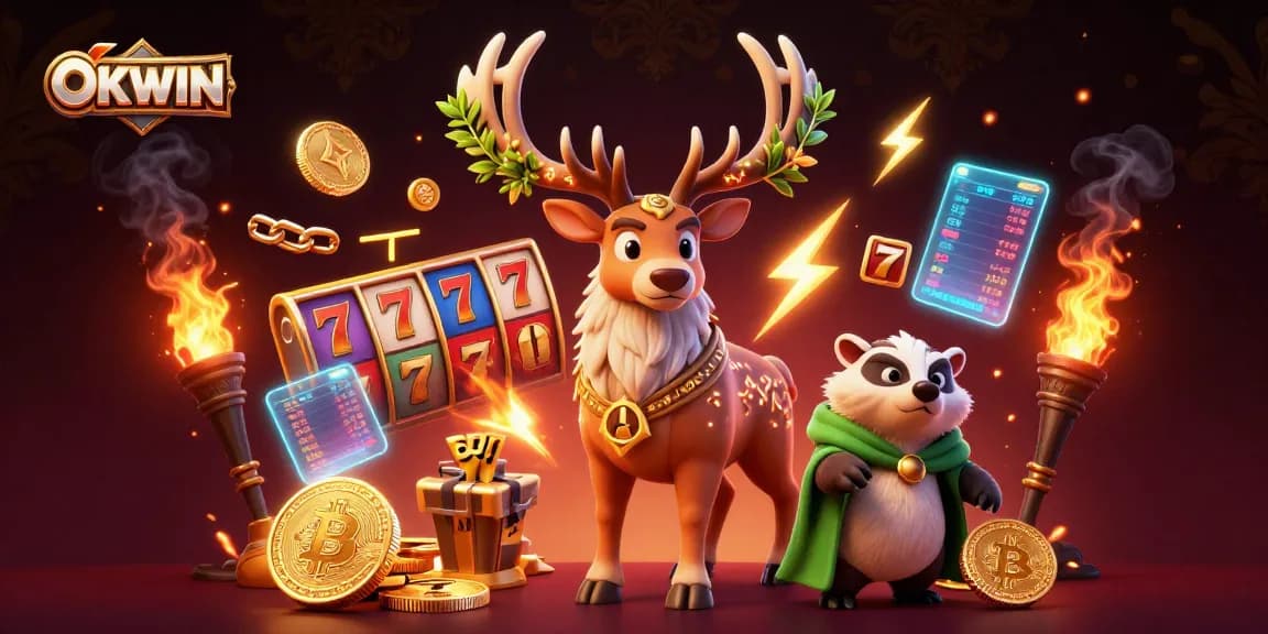 Experience the thrill of winning at OKWIN with vibrant slot reels, showcased by a magical druid stag and a wise badger.