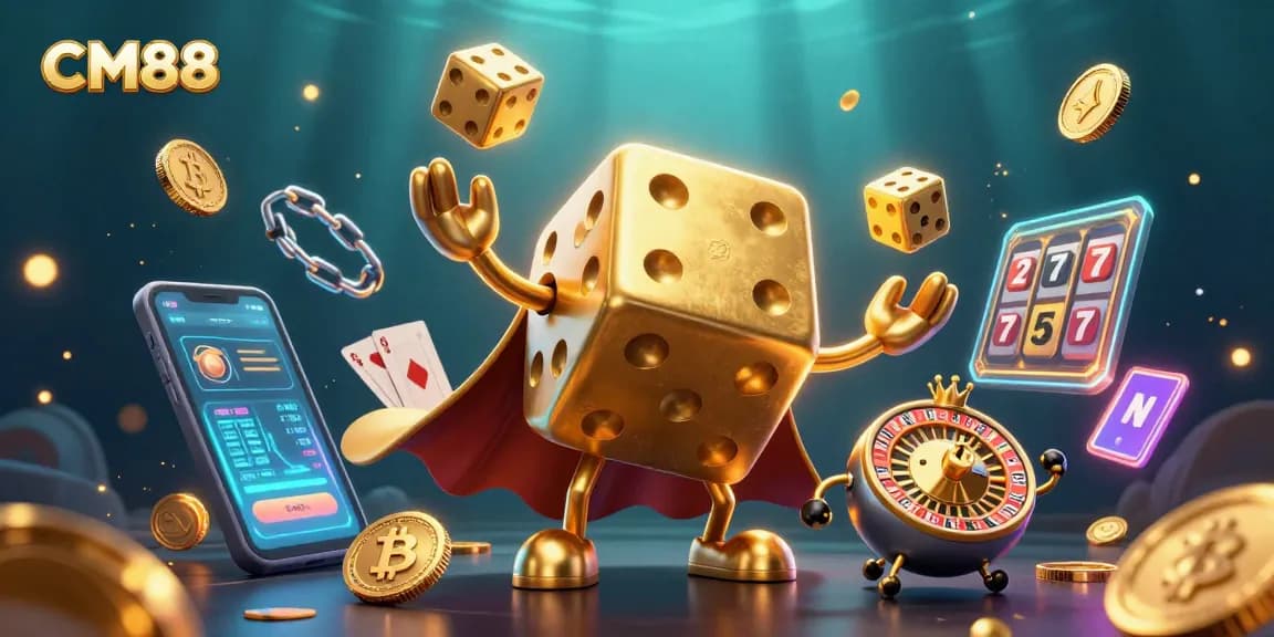 Win big with CM88's golden dice golem and vibrant casino scene filled with excitement.
