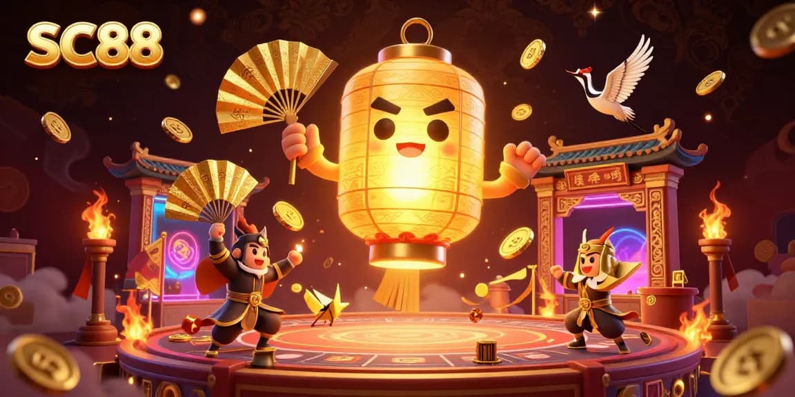 Experience a vibrant SC88 casino scene with a glowing lantern spirit and golden companions.