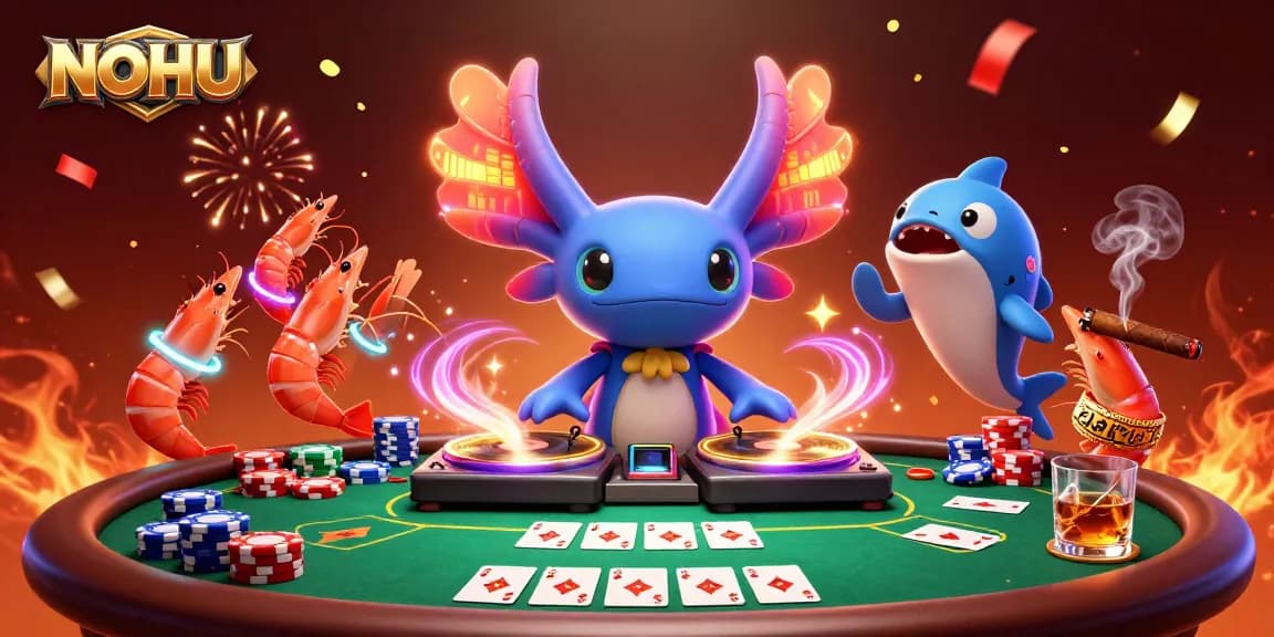 Experience thrilling gaming with NOHU's vibrant casino scene featuring a DJ and colorful shrimp dancers.