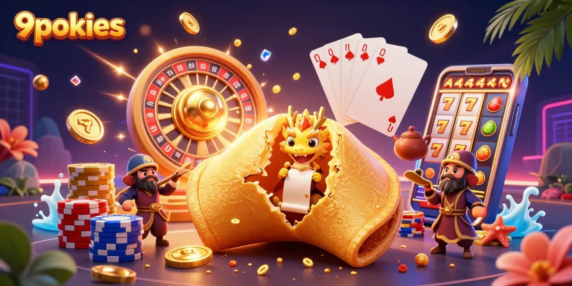 Engage with 9pokies' vibrant scene featuring a golden fortune cookie and casino elements.