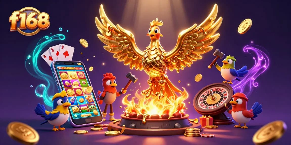 Experience the thrilling world of f168 with a rich 3D casino scene showcasing games and excitement.