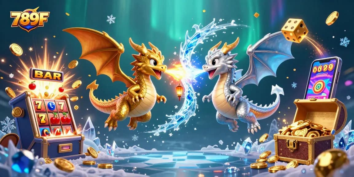 Experience thrilling action with 789F as twin dragons breathe fire and ice amidst a casino jackpot.