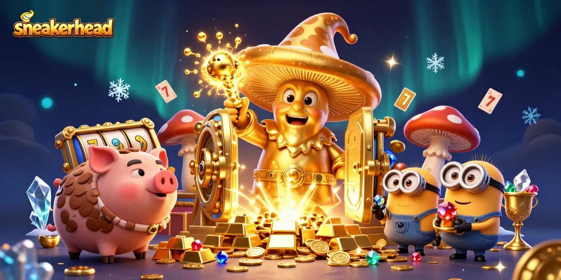 Sneakerhead wizard casts magic with gold-spilling slot reels in a vibrant casino scene.