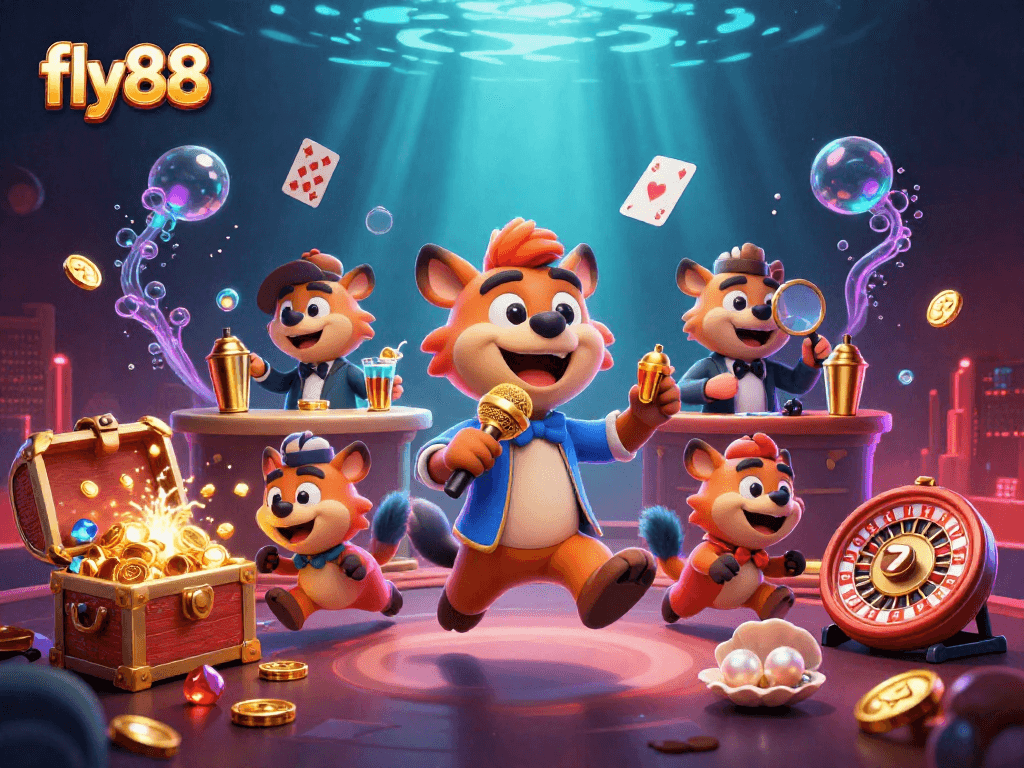 Experience the excitement at fly88 with a vibrant casino illustration featuring animated hyena characters.