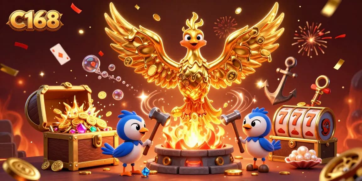 Spin to win at C168 with a golden phoenix symbolizing wealth amidst vibrant casino elements.