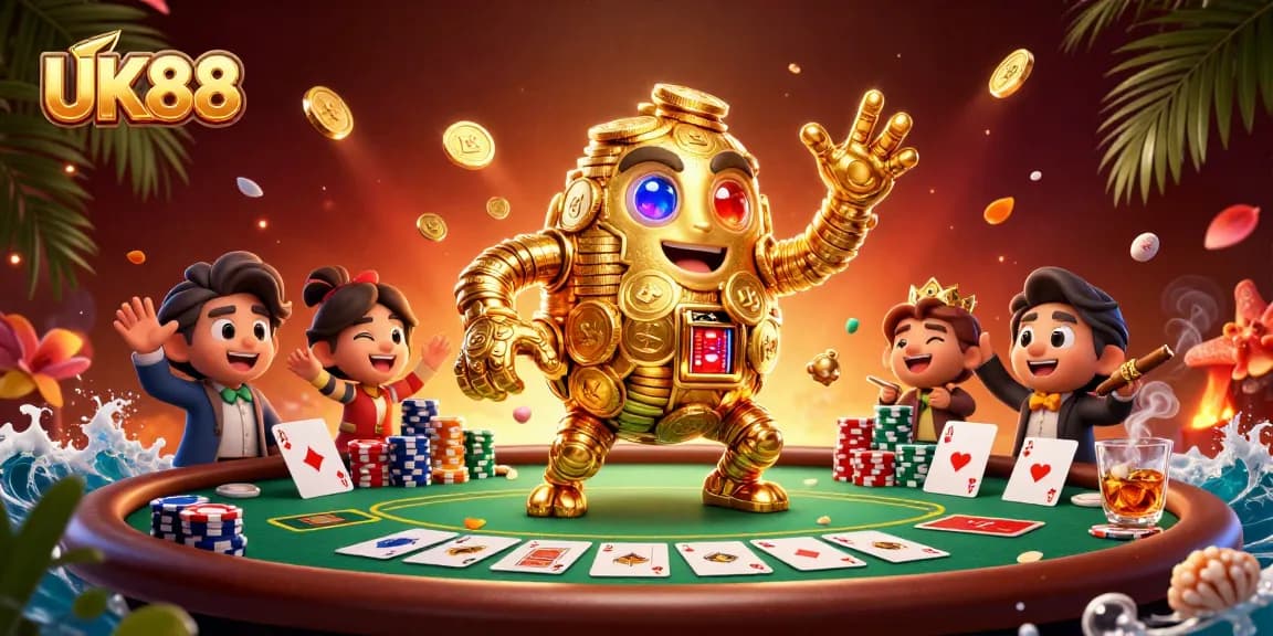Engage with UK88's 3D golden golem amidst poker excitement and vibrant casino atmosphere.