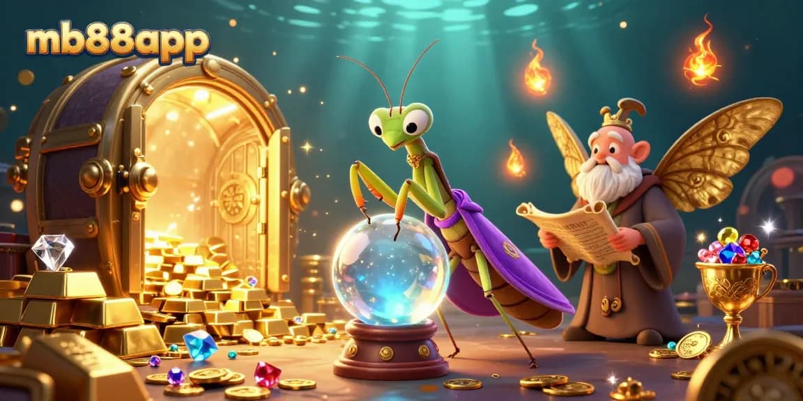 Experience thrills at mb88app with a magical scene of fortune tellers amid treasure under shimmering lights.