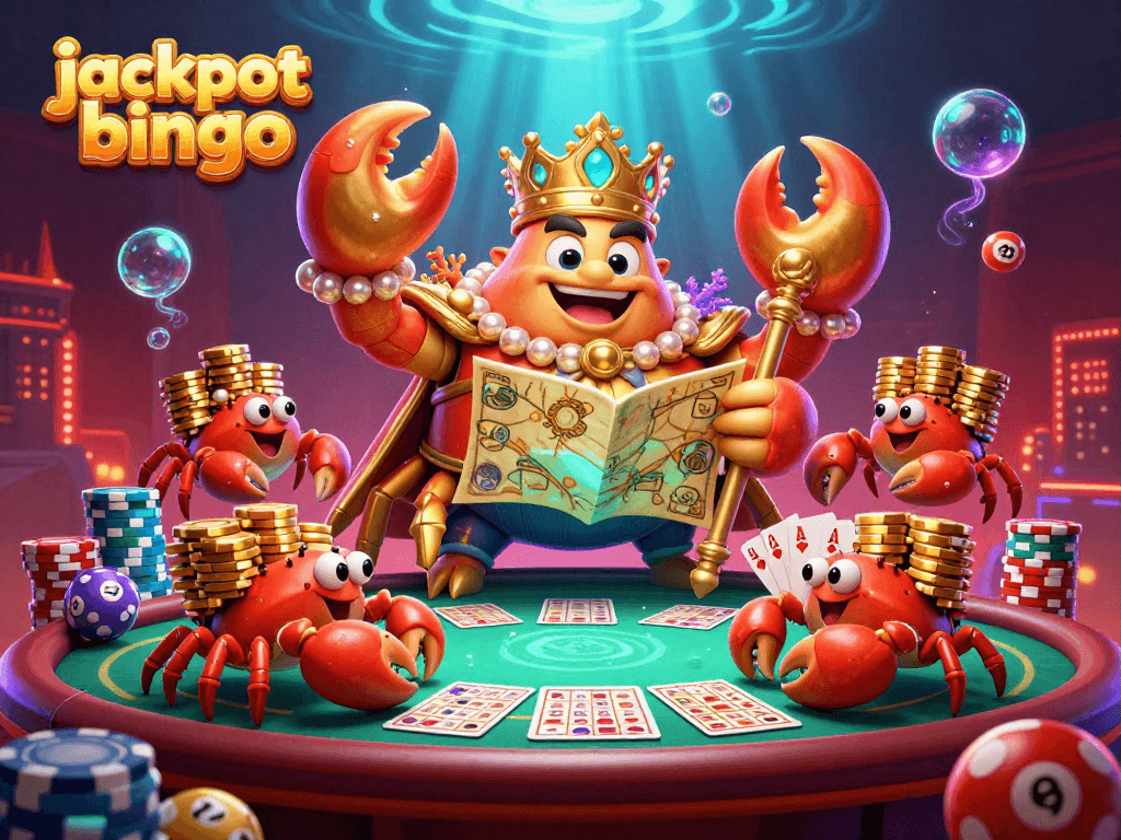 Experience jackpot bingo with a vibrant scene featuring a golden crab emperor and bingo elements.