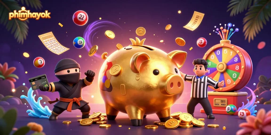 Join the excitement at phimhayok with a colorful dynamic casino scene packed with gold coins and game elements.