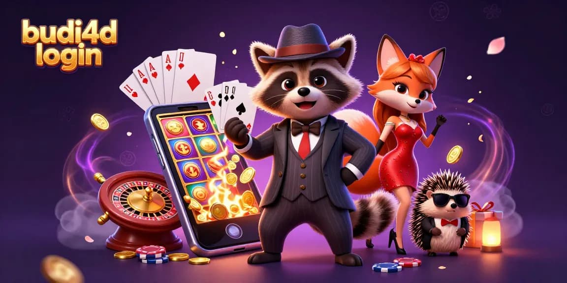 Join the excitement at budi4d login with a flamboyant gaming scene featuring stylish characters, vibrant slot games, and dynamic casino elements.