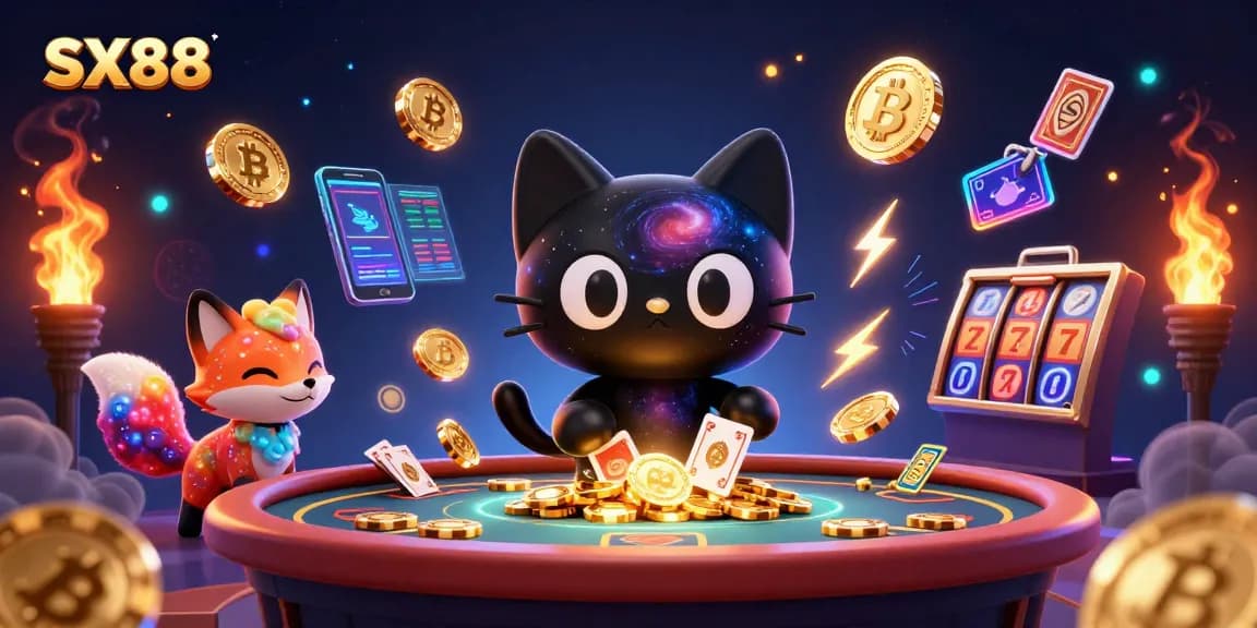 SX88 showcases a captivating cosmic casino scene with a black hole cat and nebula fox, pulling in golden game elements