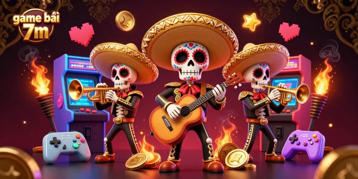 Experience game bài 7m excitement with a vibrant 3D mariachi scene full of gaming elements.