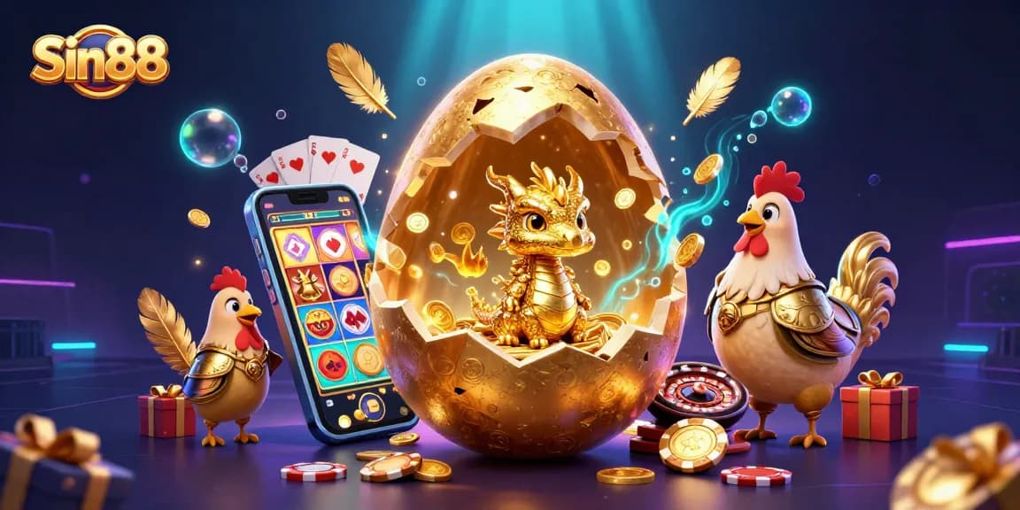 Experience the thrill at Sin88 with golden egg characters, poker chips, and slot games.