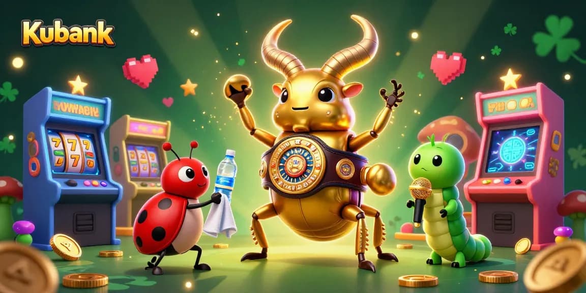 Kubank offers exciting slot gaming action featuring a golden stag beetle champion and vibrant casino themes.