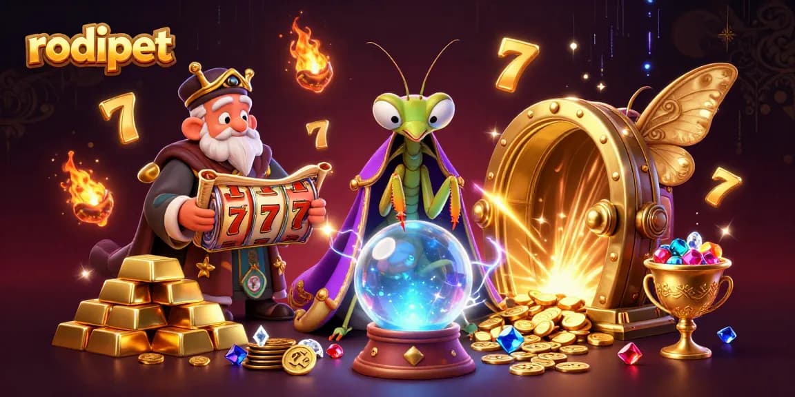 Experience rodipet's vibrant casino illustration featuring mystical characters amidst dynamic slot elements.