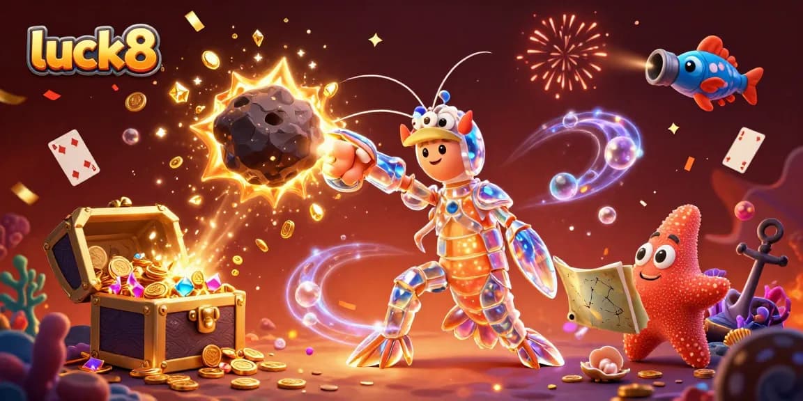 Experience luck8 gaming with a galactic samurai shrimp amidst exploding treasures and vibrant bioluminescent coral.