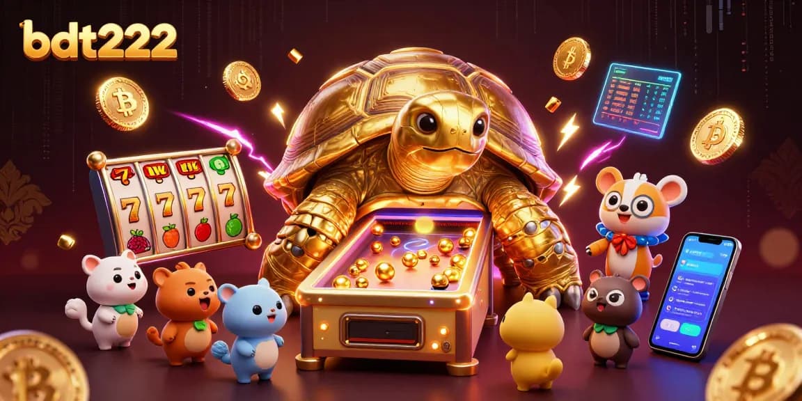 bdt222 illustrates exciting casino gameplay with a golden tortoise pinball machine surrounded by players and vibrant symbols