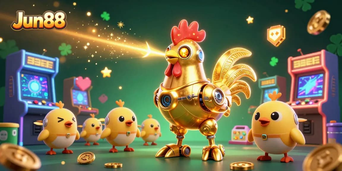 Experience thrilling gameplay with Jun88 featuring a golden rooster robot in a vibrant casino game scene.
