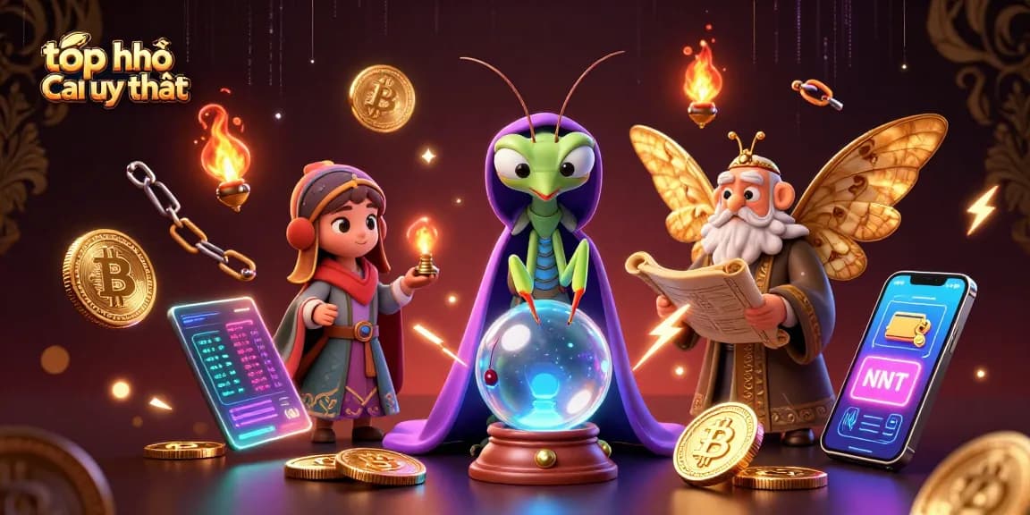 Check out the top nhà cái uy tín in a vibrant 3D casino-themed illustration featuring crypto elements and fortune tellers.