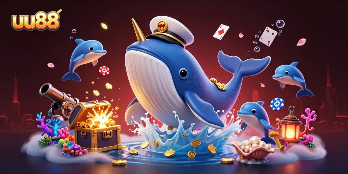 Experience the excitement of uu88 with a vibrant 3D underwater casino scene featuring whales and dolphins.