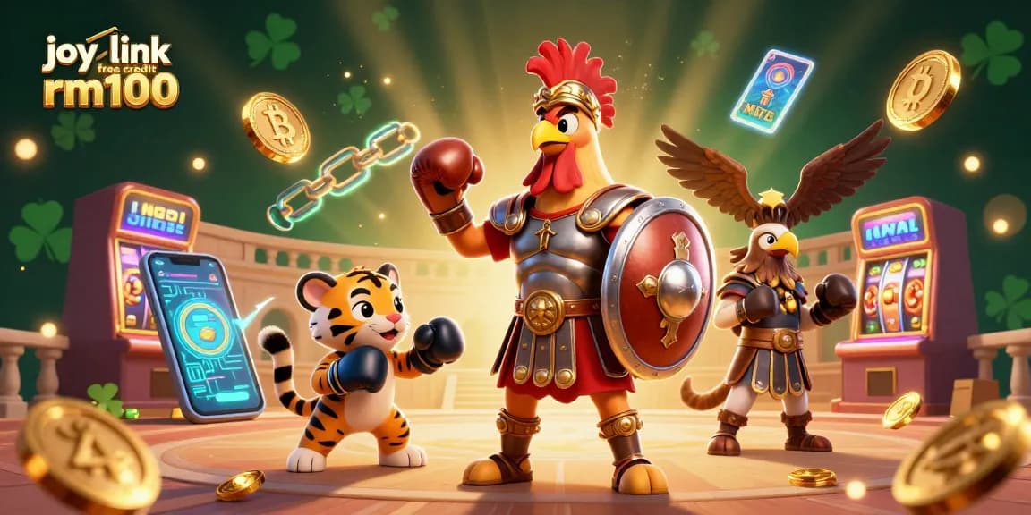 Engage with joy link free credit rm100 strategy in an animated 3D casino scene featuring a rooster gladiator.
