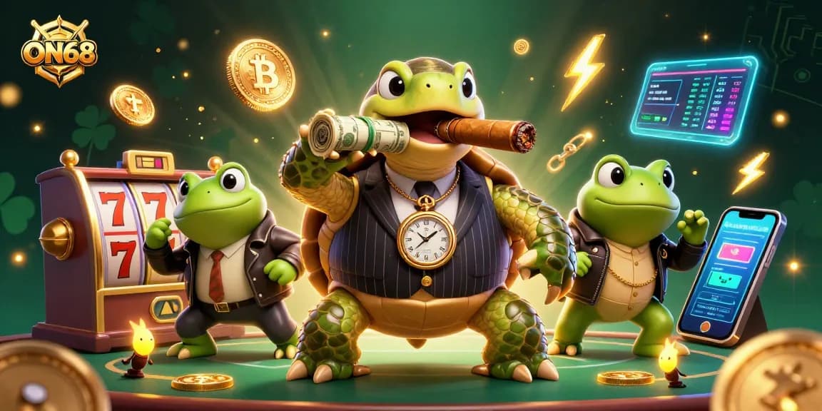 Experience the excitement of ON68 with a vibrant 3D scene featuring a snapping turtle in a mobster suit.